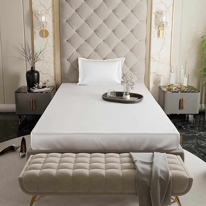 Stoa Paris Satin Elastic Fitted Bedsheets for Single Bed 300TC Premium 1 Pillow Cover Colour Vanilla White