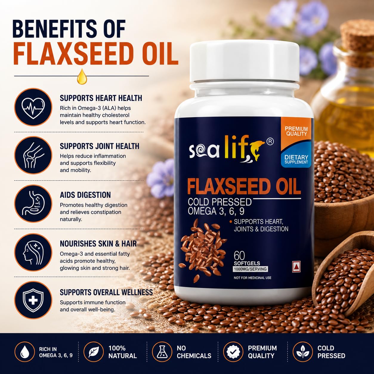 Sea Life Flaxseed Oil 1000 Mg Softgel Capsules | Omega 3,6,9 fatty acid | Supports Healthy Heart, Joints, Skin, Brain & Eyes | For Men & Women (60 Softgels Capsules) Pack of-1