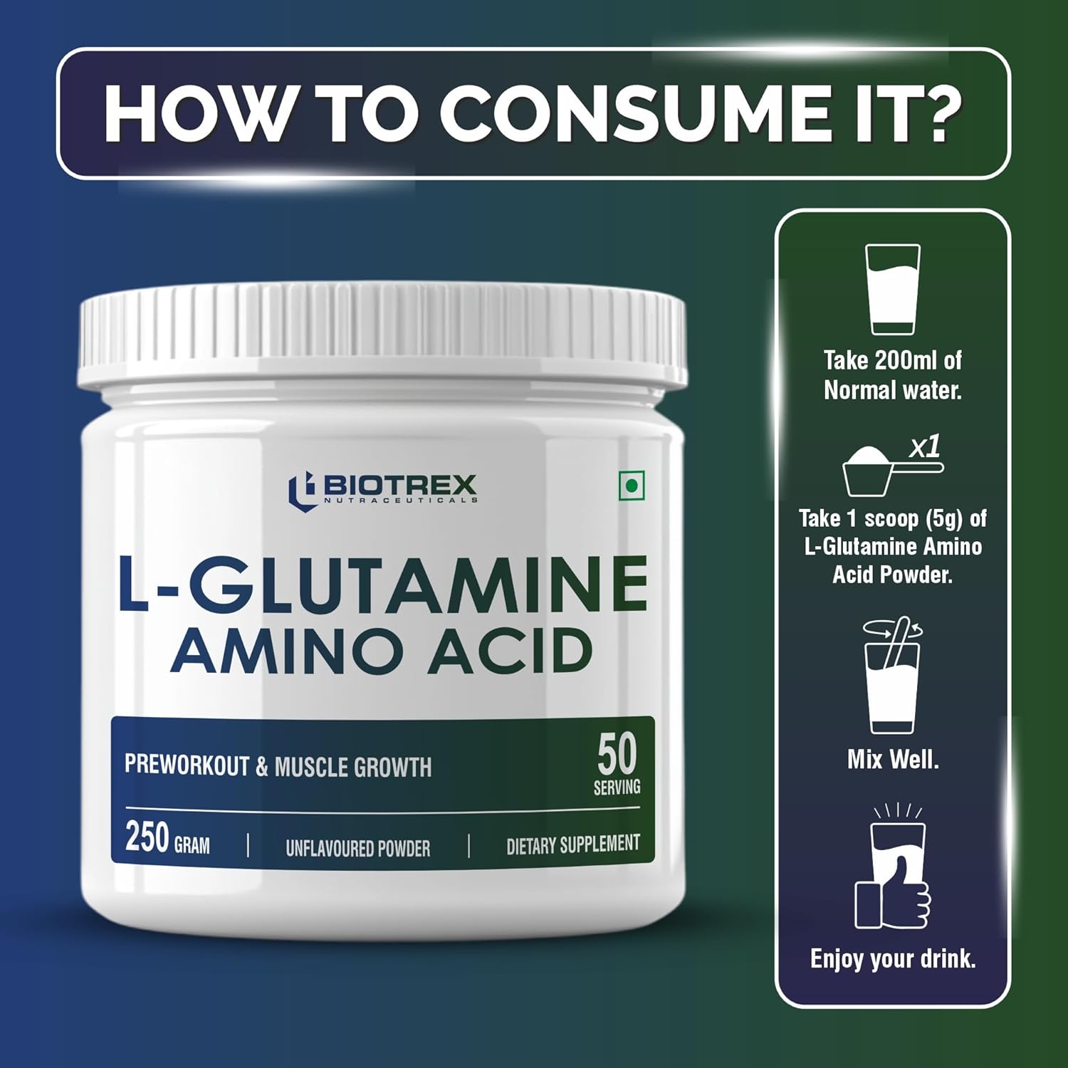 Biotrex Nutraceuticals L Glutamine Amino Acid Powder 5000mg Per Serving | Preworkout & Muscle Growth | Immune & Gut Health | Enhances Endurance | Unflavoured - 250Gram (50 Serving)