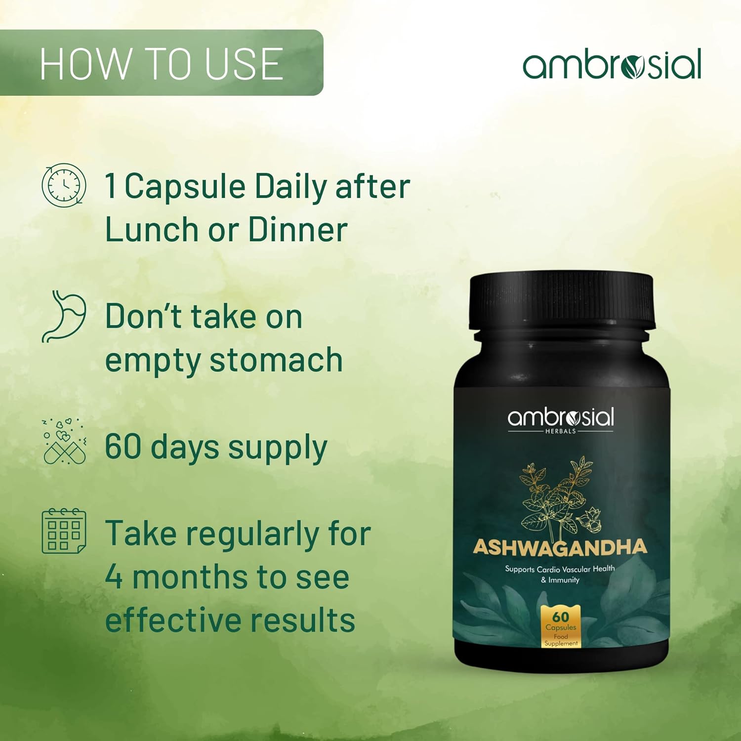 Ambrosial Ashwagandha 500mg | Herbal Supplement | 100% Natural & Vegan | High Strength | Immunity Support (Pack of 1-60 Capsules)