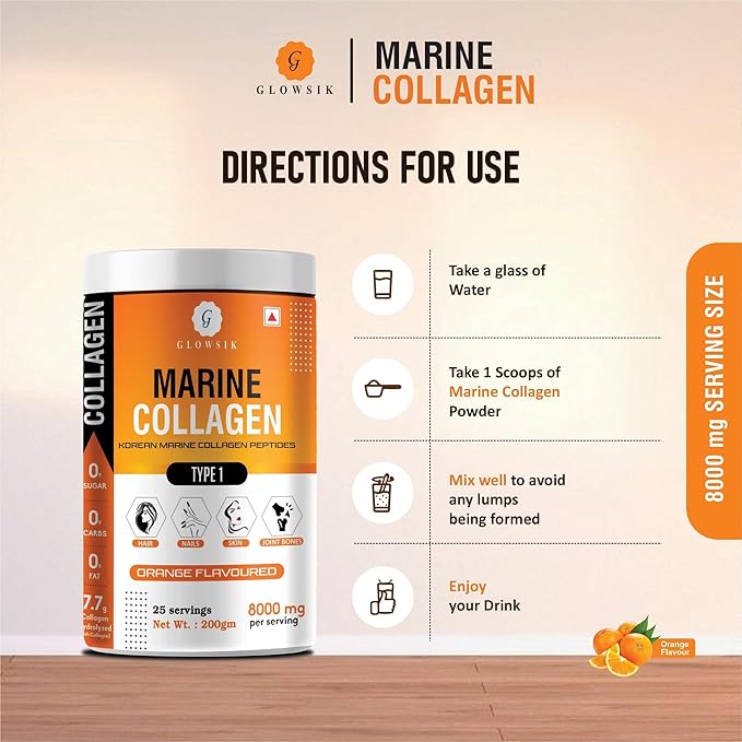 Glowsik Korean Marine Collagen Powder | Marine Collagen Supplements for Women and Men | Skin Radiance Collagen - 200 Grams, Oranges