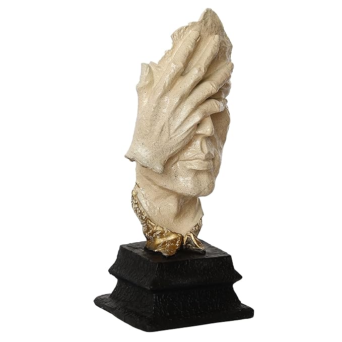 Ecraftindia White Antique Finish Man Hand on Face Handcrafted Decorative Polyresin Showpiece