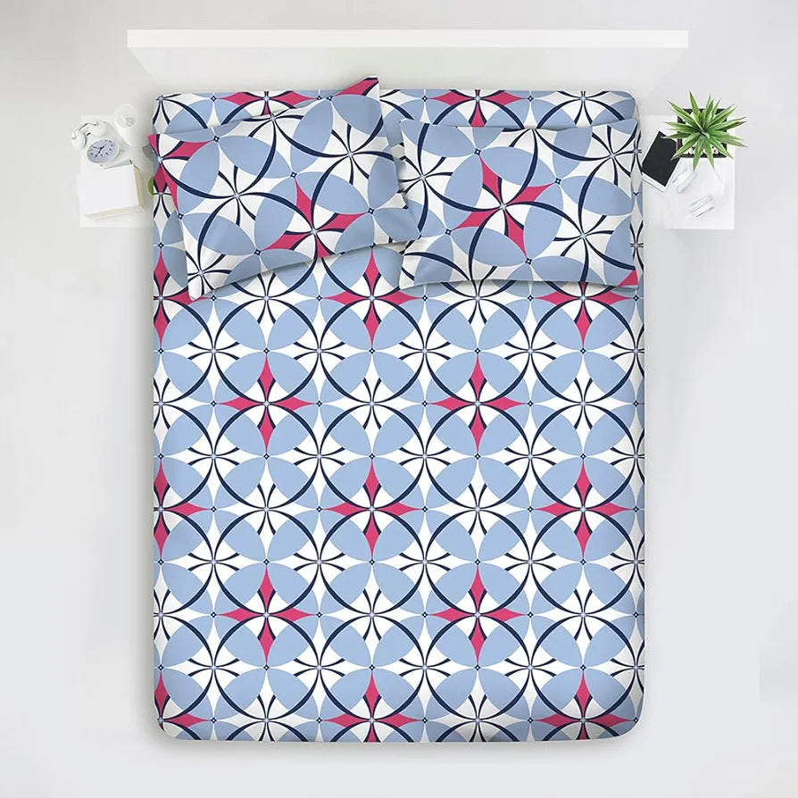 Layers Duracount Bedsheet Set for All Seasons Lightweight 225 CVC King Size Blue Geometrical