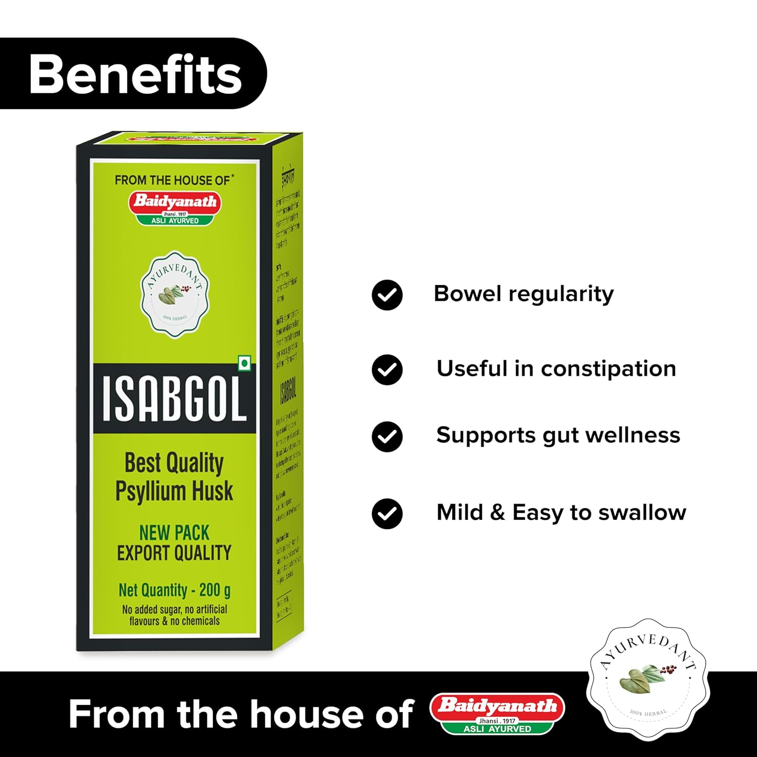 Baidyanath Ayurvedant Isabgol/Psyllium Husk Powder - 200 Gm | Effectively Relieves Constipation | Fibre Supplement For Digestion