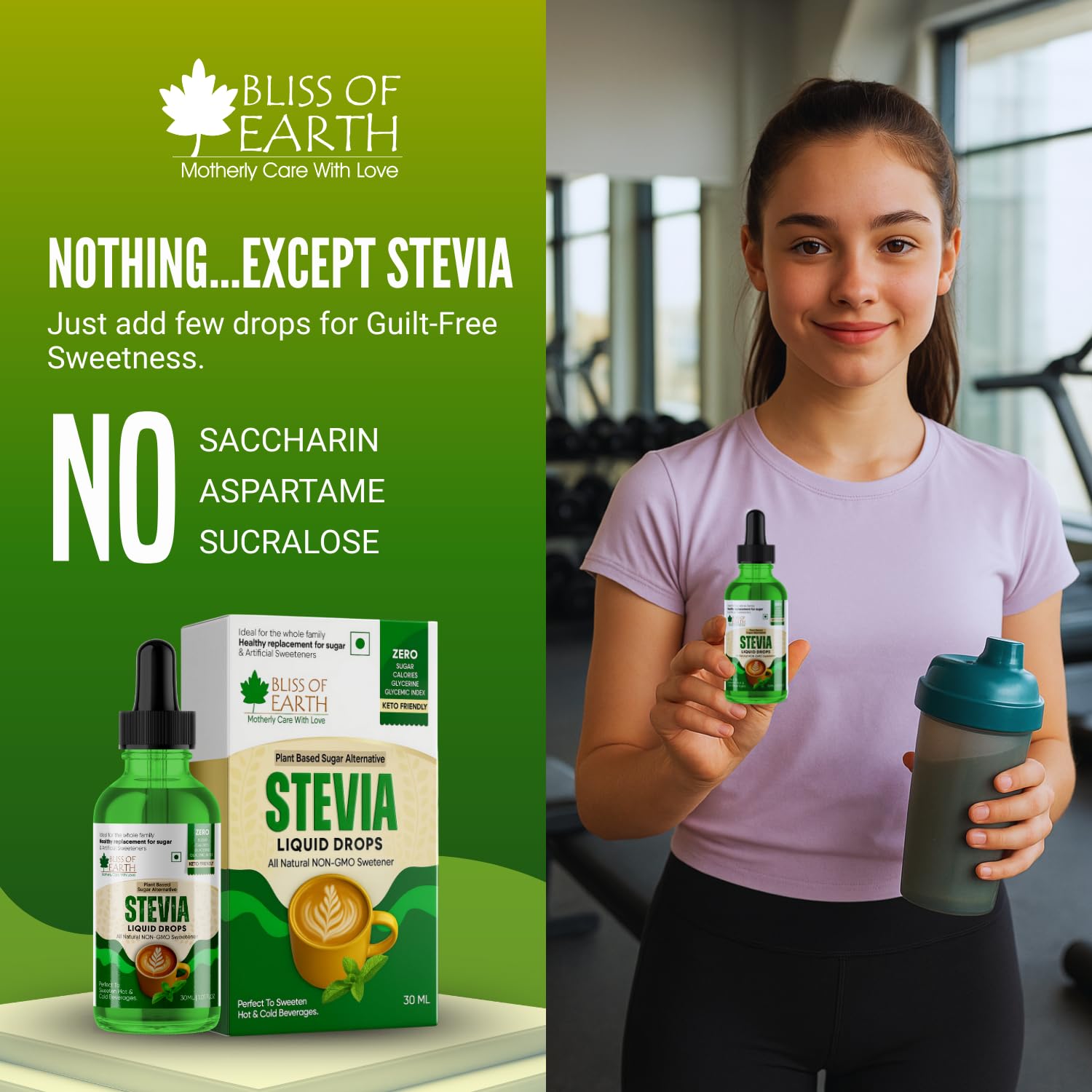 Bliss of Earth Stevia Liquid Sweetener â€“ Pure, Natural & Sugar Free Drops | Zero Calorie | 30ML | Perfect for Tea, Coffee, Shakes, Smoothies & Desserts | Keto & Diabetic Friendly