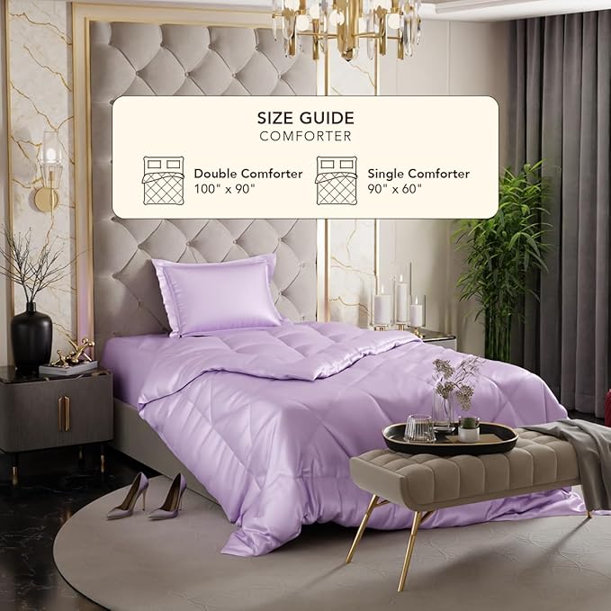 Stoa Paris Satin Comforter Single Bed with 300 TC One Pillow Cover Colour Lilac Affair