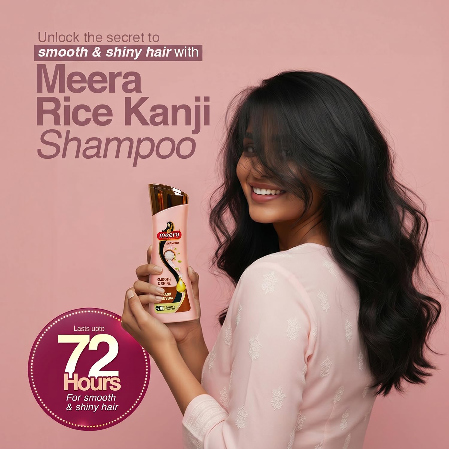 Meera Smooth & Shine Shampoo with Rice Kanji & Aloe Vera | Up to 72 Hours Smooth & Shiny Hair | Nourishes & Softens Hair | Suitable for Men & Women | 180ml
