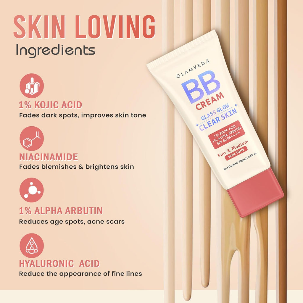 Glamveda BB Cream Lightweight Foundation | Fair & Medium Skin Tone BB Cream for Women With SPF 50++++ | Instant Spot Coverage | Light Make-up Glow | Non-Sticky & Waterproof | Colour Correction - 30g