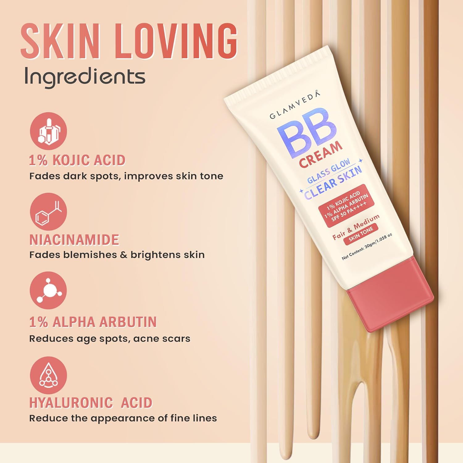 Glamveda BB Cream Lightweight Foundation | Fair & Medium Skin Tone BB Cream for Women With SPF 50++++ | Instant Spot Coverage | Light Make-up Glow | Non-Sticky & Waterproof | Colour Correction - 30g