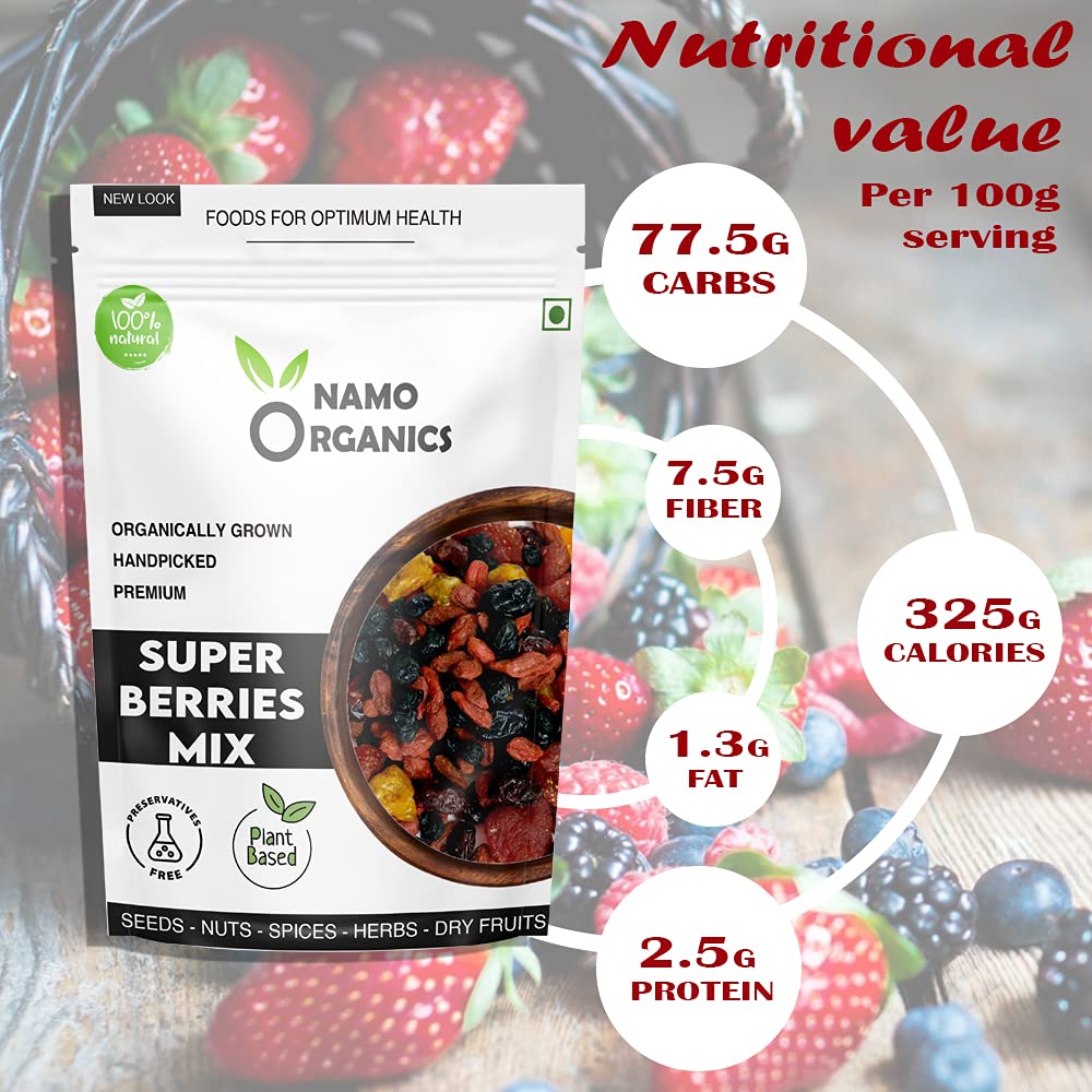 Namo Organics - Super Berry Mix - 500 Gm - without added sugar Healhy Dried Mixed Berries | 5+ Berry Dry Fruits like Cranberries, Blueberries, Strawberries, Goji Berries, Black current