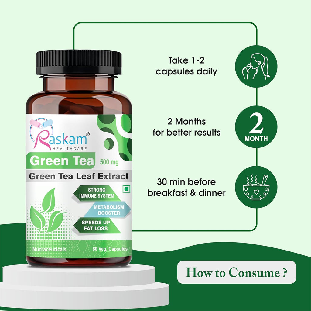 Green Tea 500 mg Leaf Extract 60 Veg Capsules, Boosts Metabolism, Helps in Fat Loss
