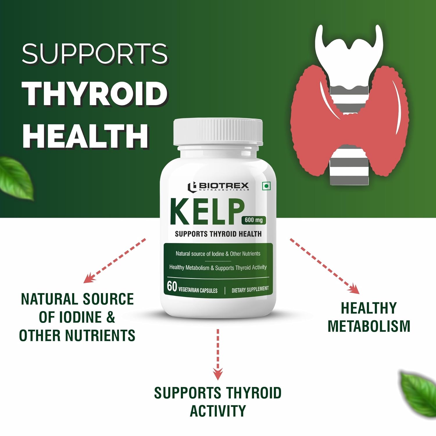 Biotrex Nutraceuticals Kelp Extract 600mg | Richest Vegan Source of Iodine | Supports Thyroid Health & Healthy Metabolism with Soluble Fiber - 60 Veg Capsules
