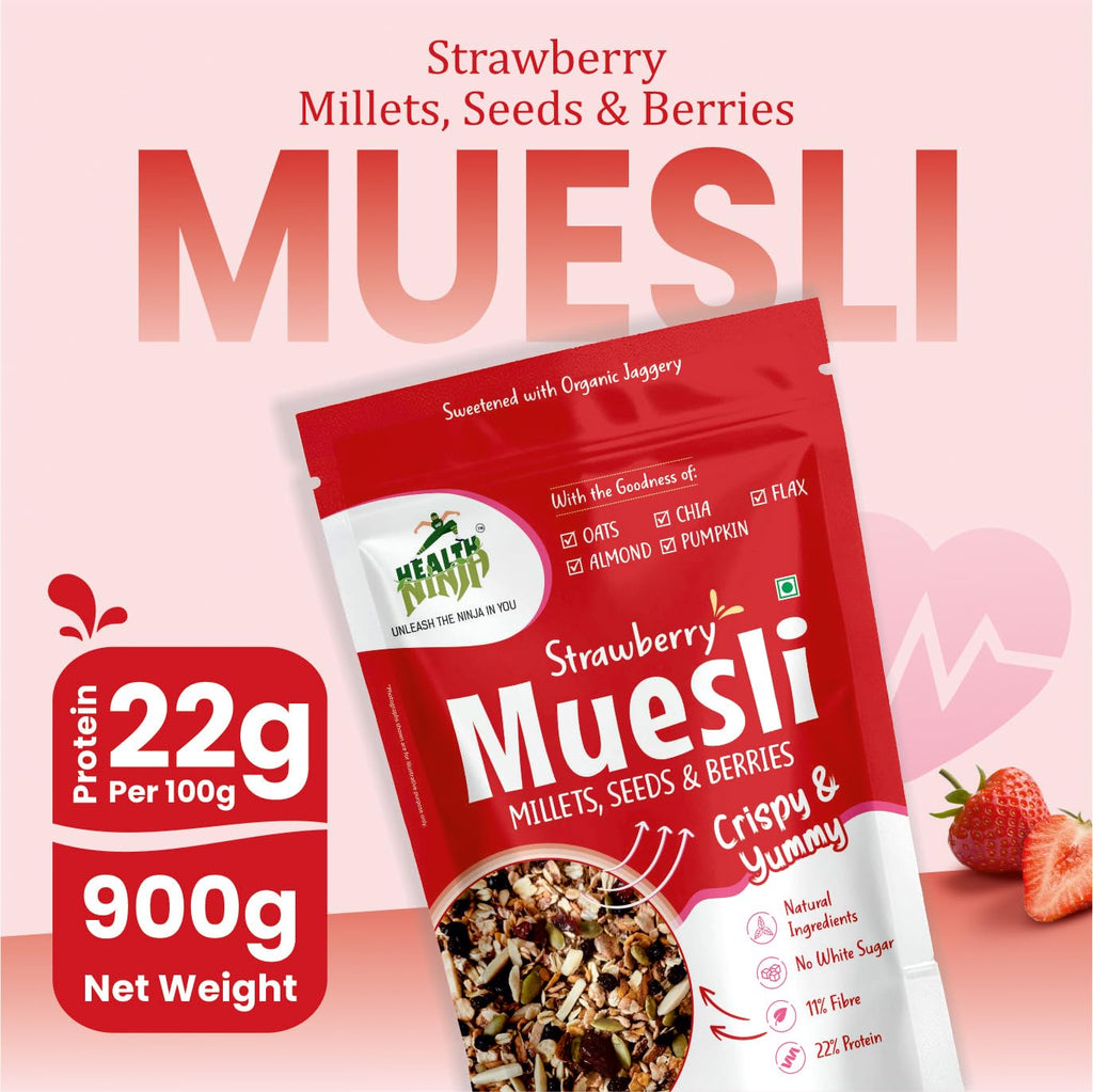 Health Ninja Strawberry Muesli | High Protein Breakfast Cereal | Oats, Almonds, Chia, Flax & Pumpkin Seeds | 900 g (Strawberry)
