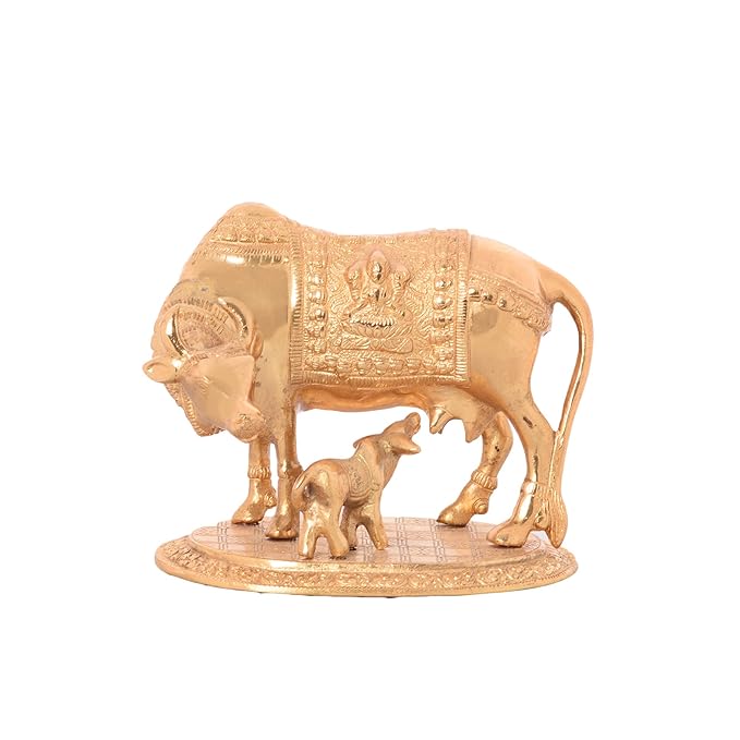 Ecraftindia Golden Kamdhenu Cow and Calf Metal Figurine