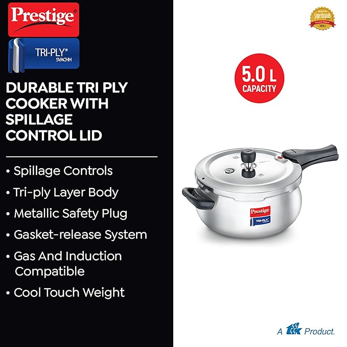 Prestige Stainless Steel Svachh Tri-Ply Handi Pressure Cooker 5 Litre Silver