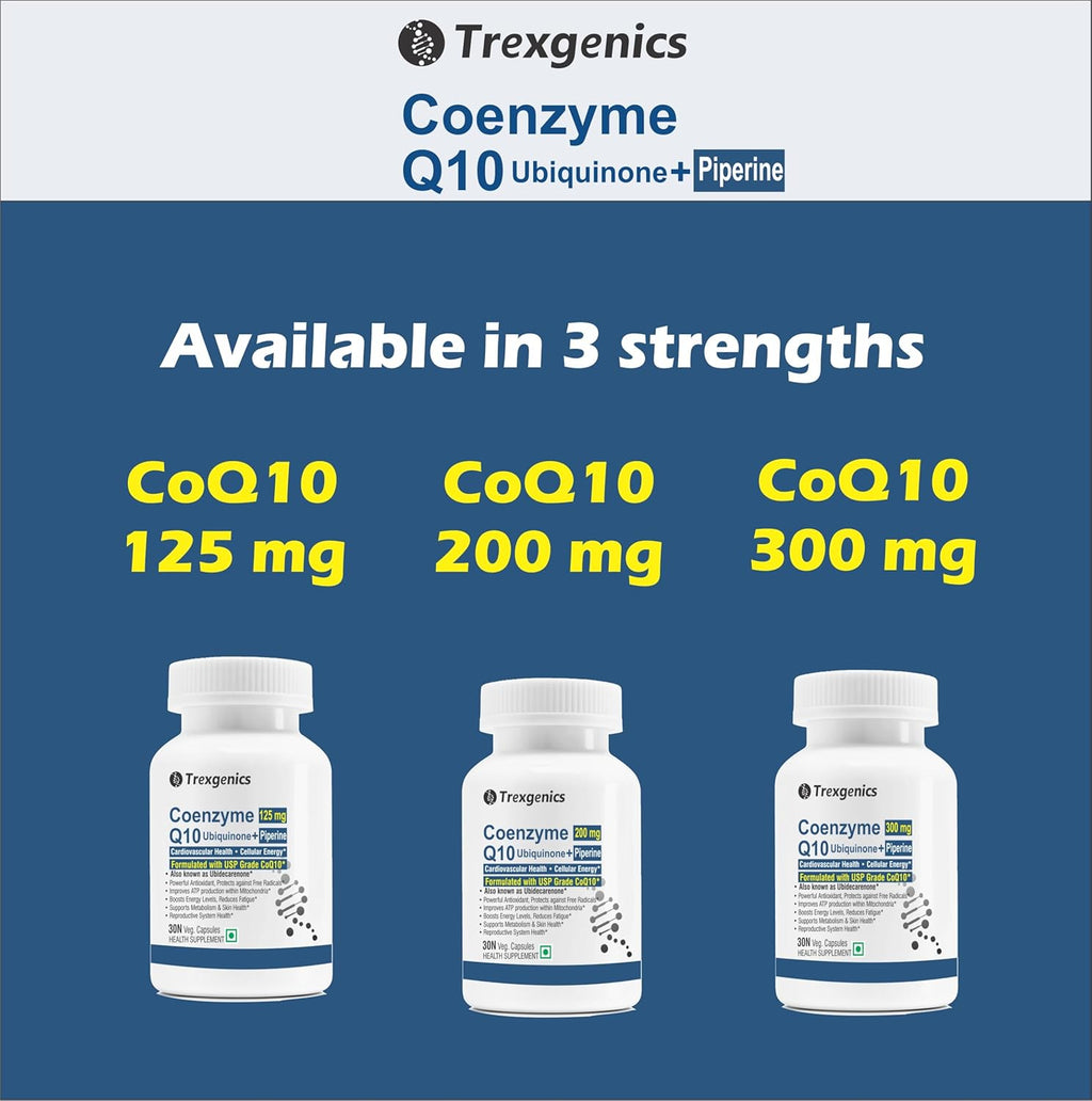 Trexgenics COENZYME Q10 300 mg USP grade Ubiquinone (Ubidecarenone) with Piperine 12 mg Antioxidant, Cellular Energy, Heart Health (30 Veg Capsules))