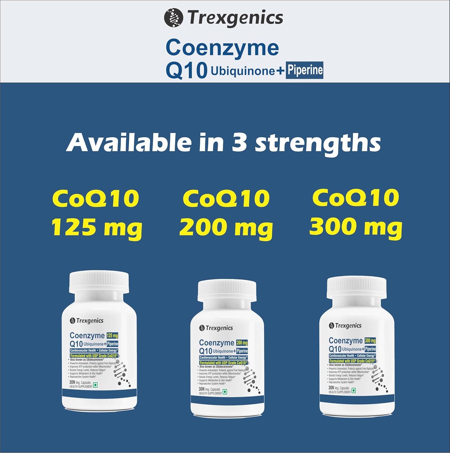 Trexgenics COENZYME Q10 300 mg USP grade Ubiquinone (Ubidecarenone) with Piperine 12 mg Antioxidant, Cellular Energy, Heart Health (30 Veg Capsules))