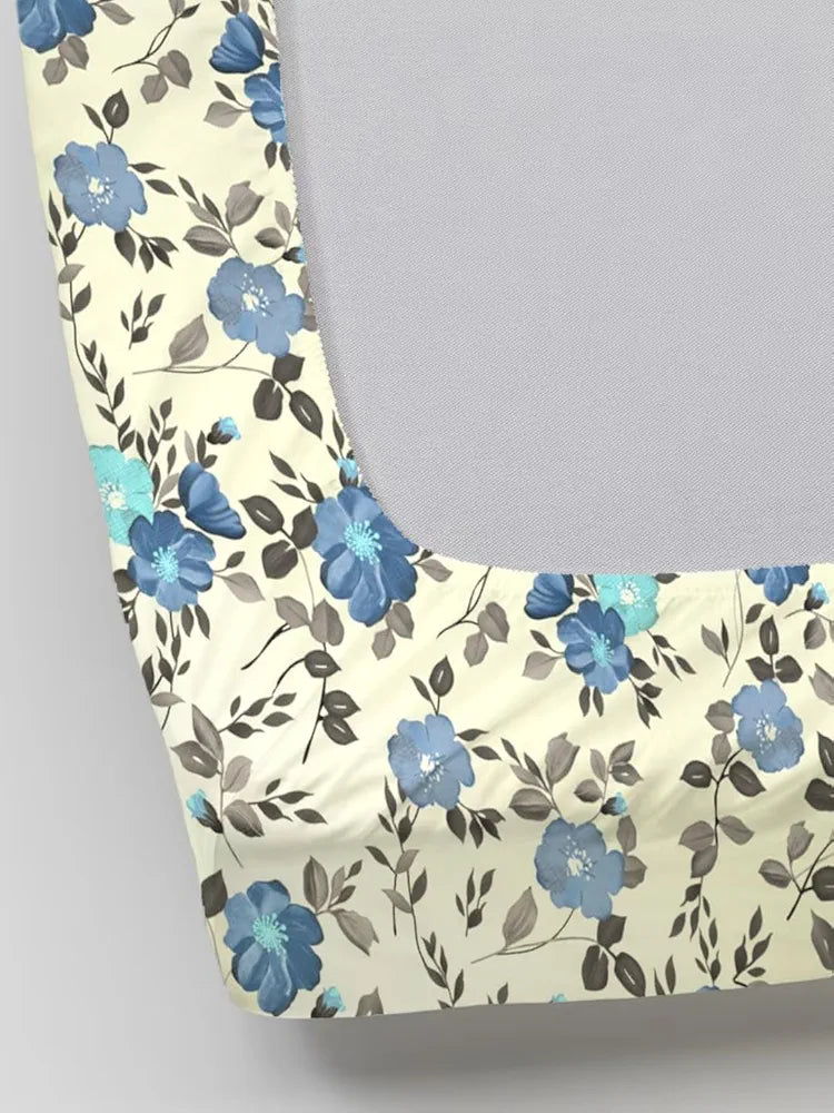 Trance Home Linen 180Tc 100% Cotton 78"X72" Standard King Size Elastic Fitted Bedsheet Printed King Bed Size With 2 Pillow Covers 180 tc Colour Blooms Blue