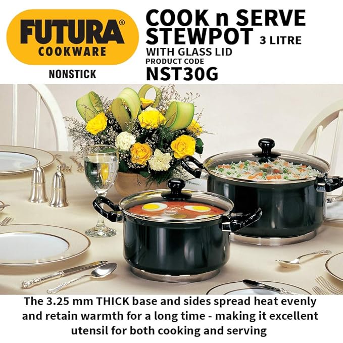 Hawkins Futura 3 Litre Cook n Serve Stewpot Non Stick Pot with Glass Lid