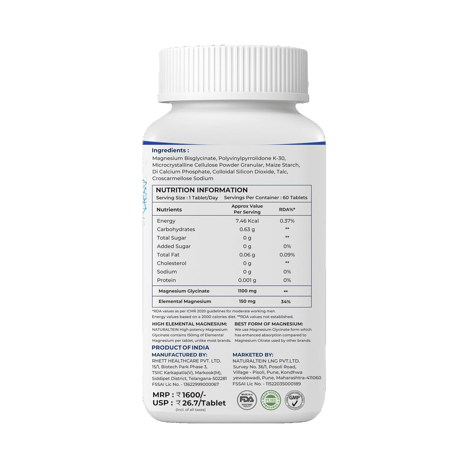 Naturaltein Magnesium Glycinate 1100mg (150mg Elemental) | Chelated High Absorption Magnesium Supports Sleep Quality & Muscle Relaxation | Glyphosate Tested | 60 Tablets