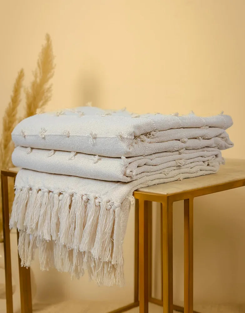 Sajavat Home Hand-Knitted Pure Cotton 3 Seater Sofa Throw & Cushion Cover Colour Beige Throw & Multi Cushion