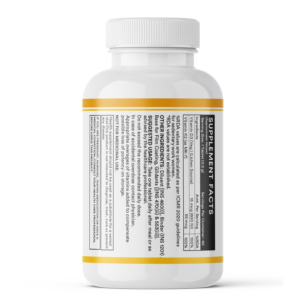 INLIFE Vitamin D3 K2 Supplement | Derived from Lichen (Plant Based) & Vitamin K2 (MK7) | Supports Bone, Teeth, Heart, Immunity, Mood, Strength, Recovery | For Men & Women - 60 Vegetarian Tablets