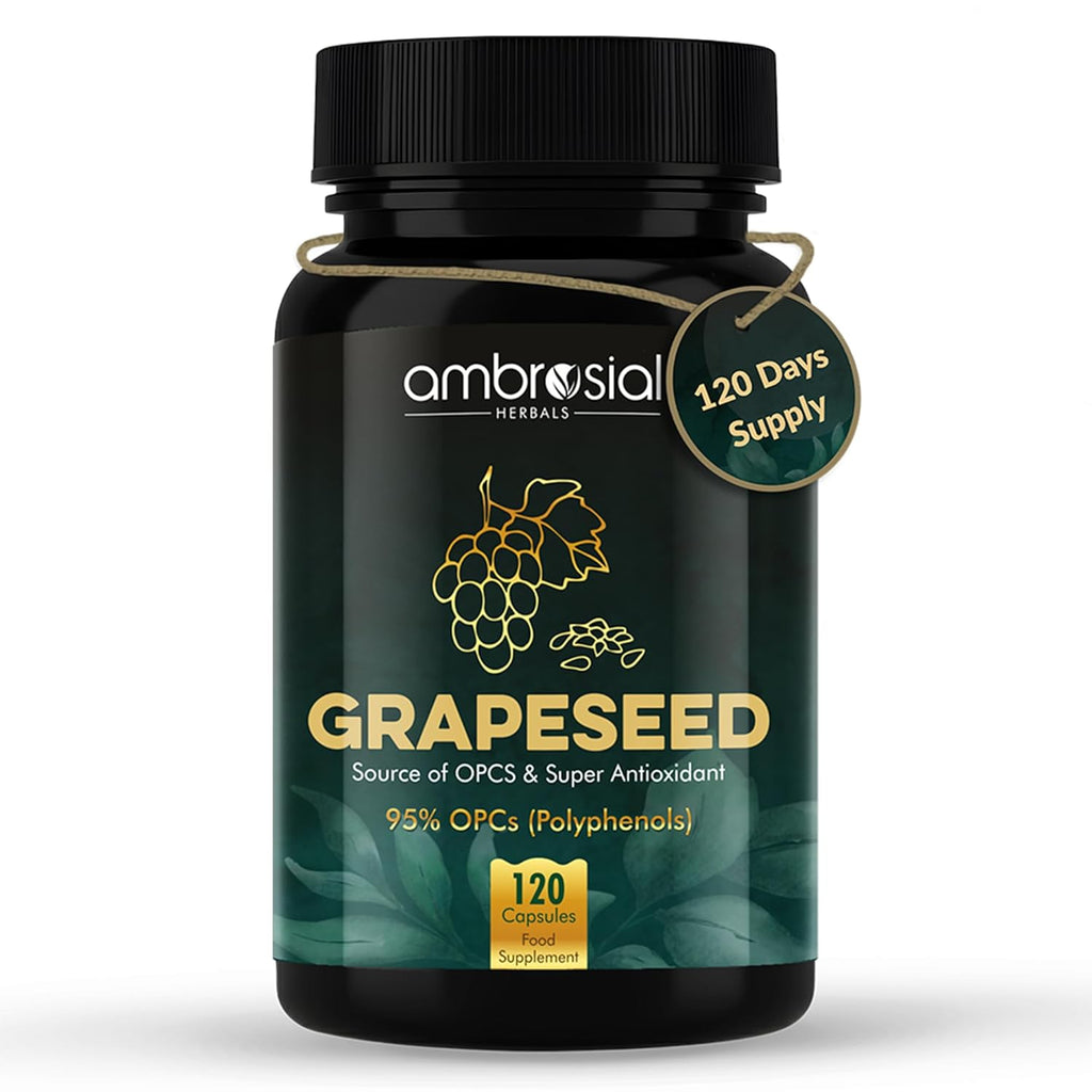 Ambrosial Grape Seed Extract Capsules | 95% OPCs Polyphenols | High Strength Grape Seed Supplement | Strong Antioxidant | Pack of 1-120 Vegan Capsules