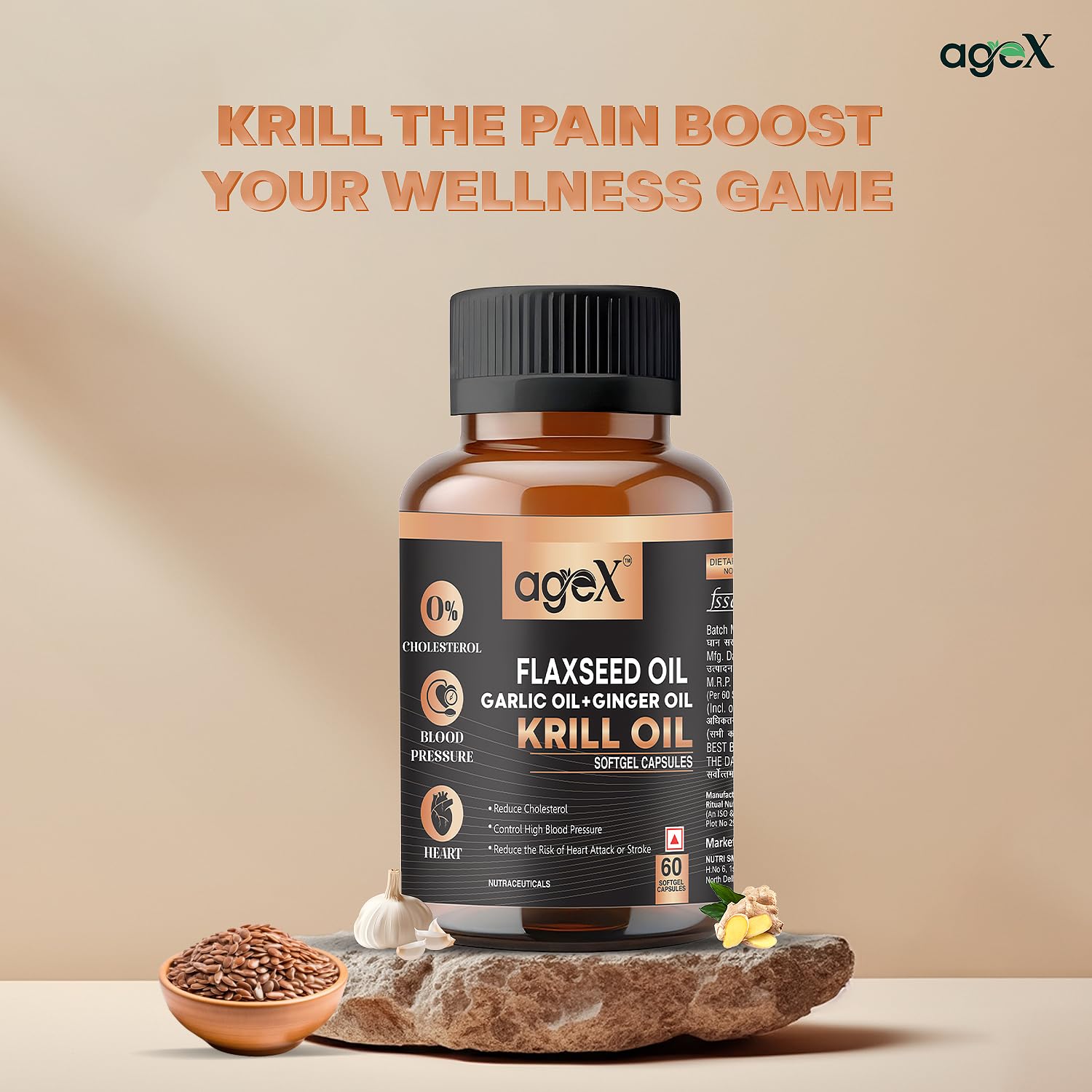 Flex Power Capsules: Flaxseed, Garlic, Ginger & Krill Oil - 60 Softgel Capsules | Nutritional Powerhouse for Vitality, Immunity, and Heart Health (Pack of 1)