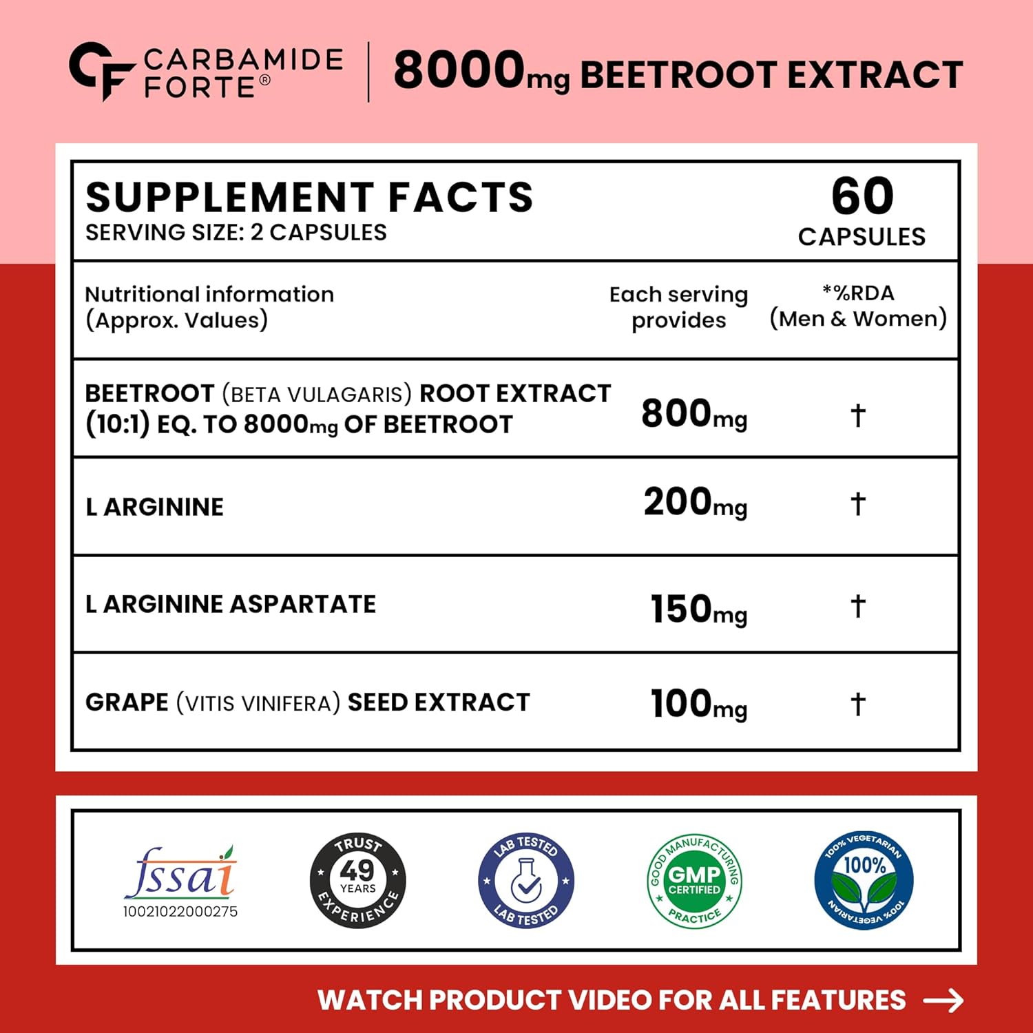 Carbamide Forte Beetroot Capsules Extract 8000mg | Beetroot Supplement With L-Arginine & Grape Seed Extract | Supports Healthy Blood Flow, Energy, & Nitric Oxide | 60 Capsules