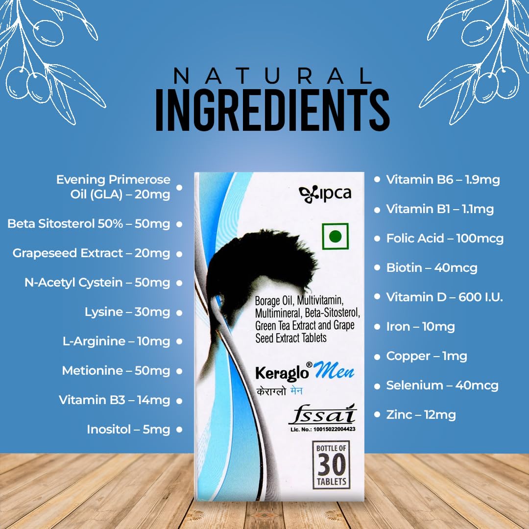 IPCA Keraglo Men Hair Growth Tablets 30 Tabs | DHT Inhibitors, Amino Acids, Vitamins, Minerals & Antioxidants | Nourishes Scalp, Supports Hair Follicles & Strengthens Hair | Hair Supplement