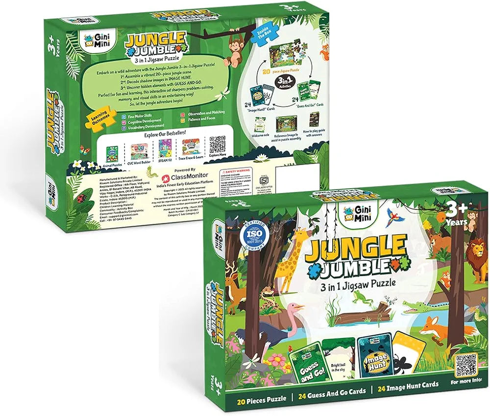 GiniMini Jungle Jumble 3-in-1 Jigsaw Puzzle - 20 Pieces, Image Hunt & Guess & Go Cards - Fine Motor, Cognitive, Vocabulary Skills for Kids 3+ Years