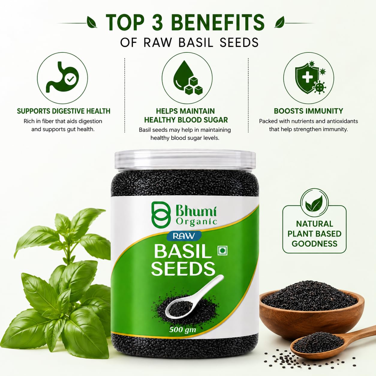 Bhumi Organic Basil Seeds 500g | Sabja Seeds, Beat the Summer Heat, High Fibre, Omega 3