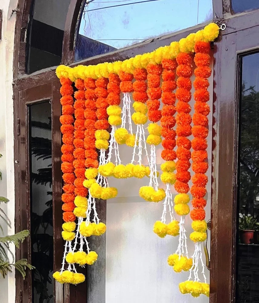 Artificial Marigold Bandanwar 40 Inch Yellow Orange Fluffy Toran Marigold Tuberose Strings Bandanwar