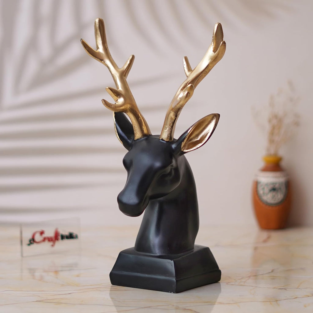 Ecraftindia Black Polyresin Reindeer Head Statue With Golden Antlers Animal Showpiece