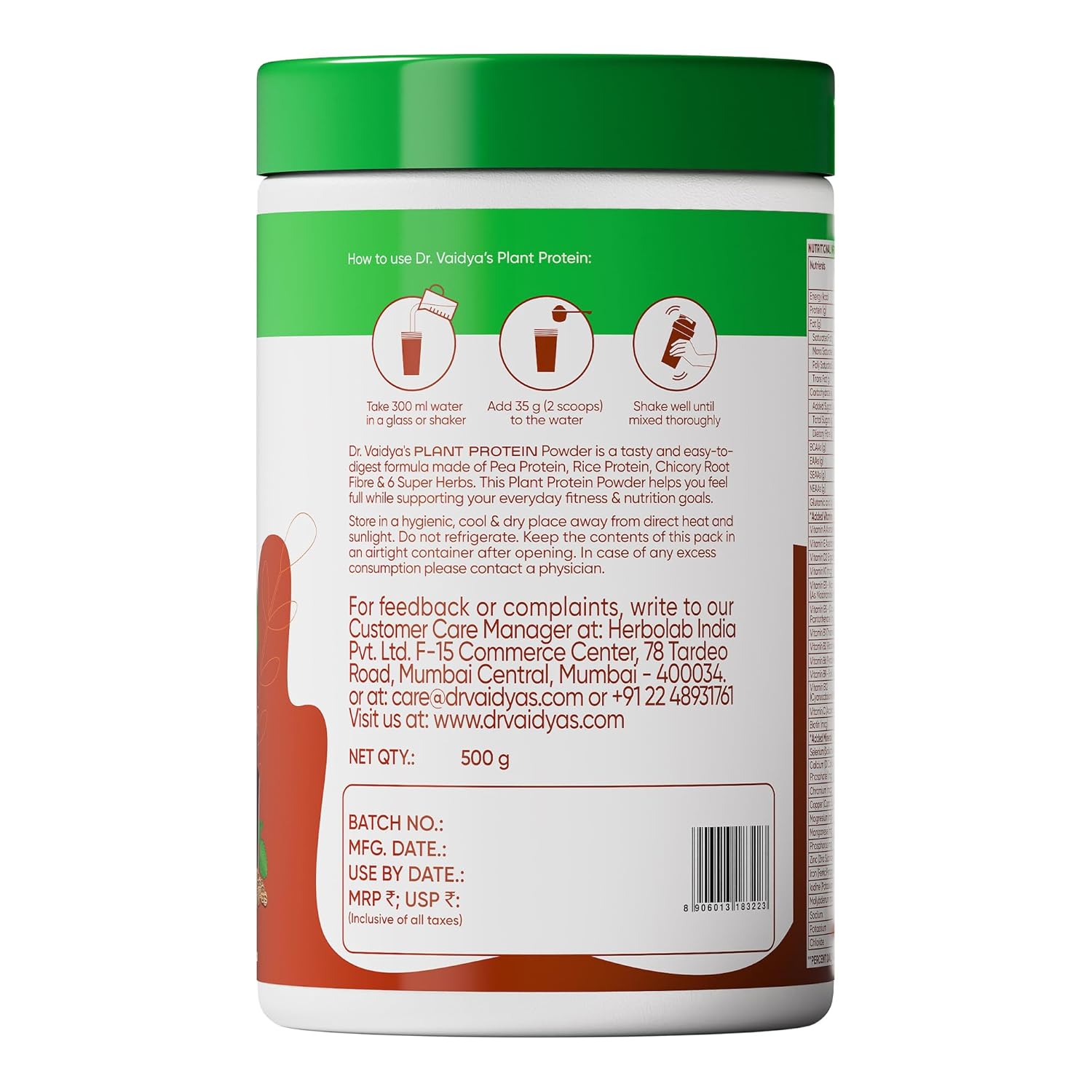 Dr. Vaidyaâ€™s Plant Protein Powder | Ayurvedic Pea Protein with Ashwagandha, Methi & Ajwain | 25g Protein per Serving | Muscle Gain, Energy & Weight Loss | 500g Chocolate Flavour