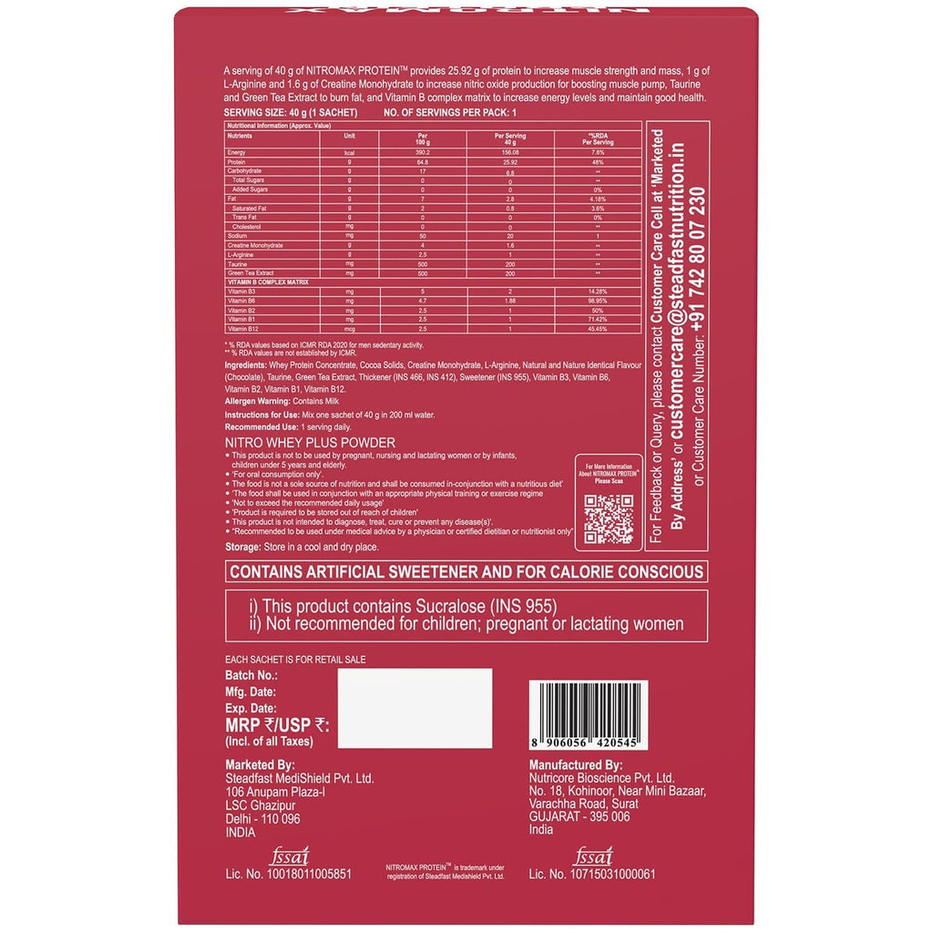 Steadfast Nutrition Nitromax Protein Chocolate - 40 gms Each (6 sachets) (Pack of 2)