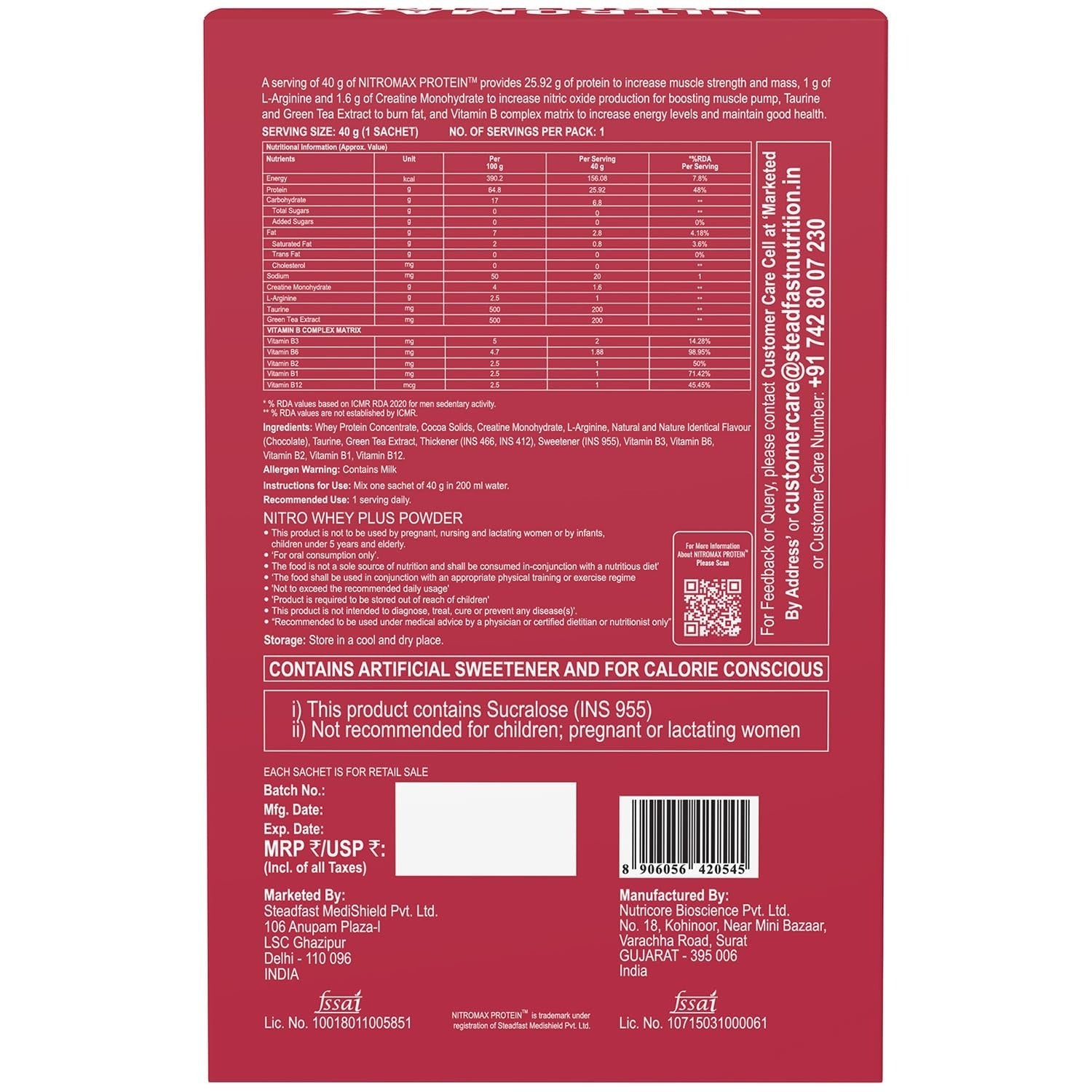 Steadfast Nutrition Nitromax Protein Chocolate - 40 gms Each (6 sachets) (Pack of 2)
