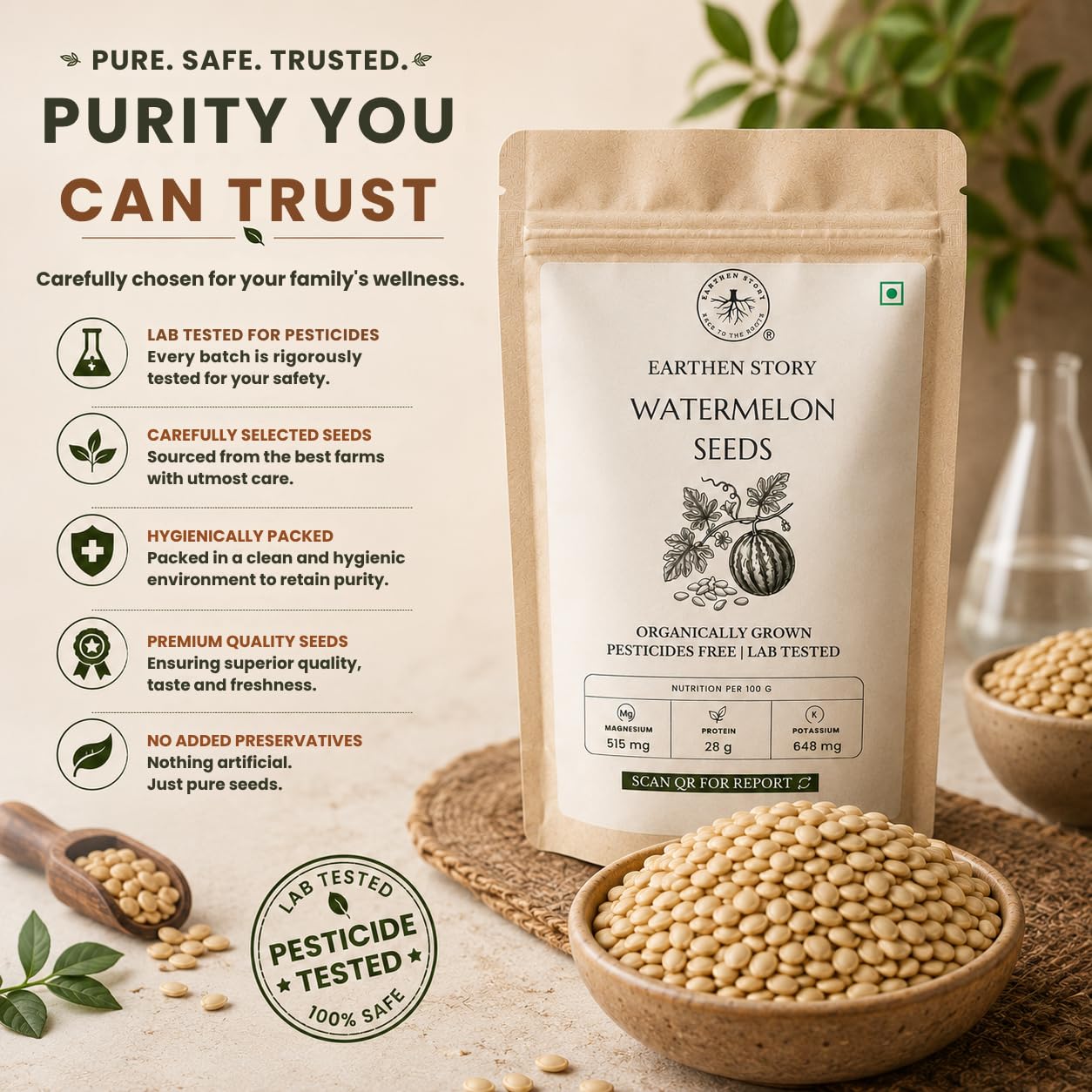 Earthen Story Watermelon Seeds, 500g | Premium Edible Seeds | Pesticide Free & Lab Tested for Pesticide Residues | Rich in Protein & Fiber | Healthy Snack & Superfood