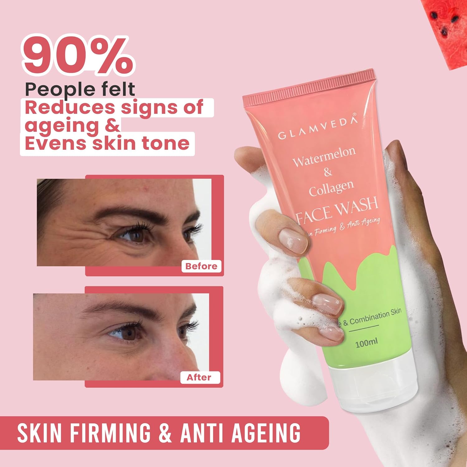 Glamveda Watermelon & Collagen Face Wash | Anti Ageing Face Wash For Glowing Skin, Reduces Fine Lines, Wrinkles & Skin Dullness, Removes Excess Oil & Dirt | All Skin Types |For Women & Men| 100ml