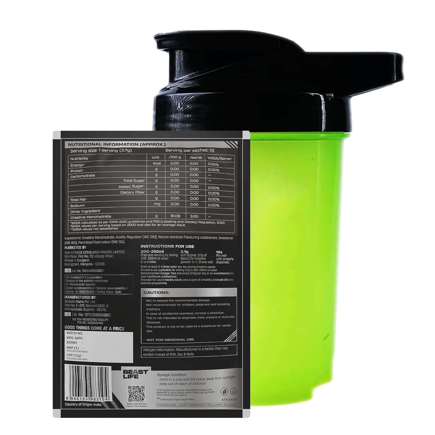 Beastlife Pure Super Micronised Creatine & Shaker Pack | 50 g | 13 Servings | Watermelon | NABL Lab Tested | Rapid Absorption for Muscle Strength & Athletic Performance | Super Micronised Creatine Powder