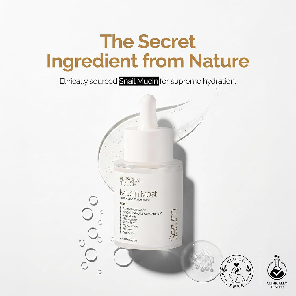 Personal Touch Mucin Moist Serum Cruelty Free - Worldâ€™s 1st Snail Mucin With 9 Types of Hyaluronic Acid, Ceramides, Niacinamide | Korean Skincare | Dryness, Fine Lines, Skin Barrier Repair | 30ml