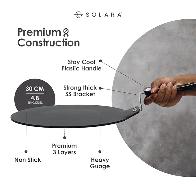Solara Non-stick Dosa Tawa 30 Cm | Premium 3 Layer Greblon Nonstick Coating Dosa Tava | Gas and Induction Compatible
