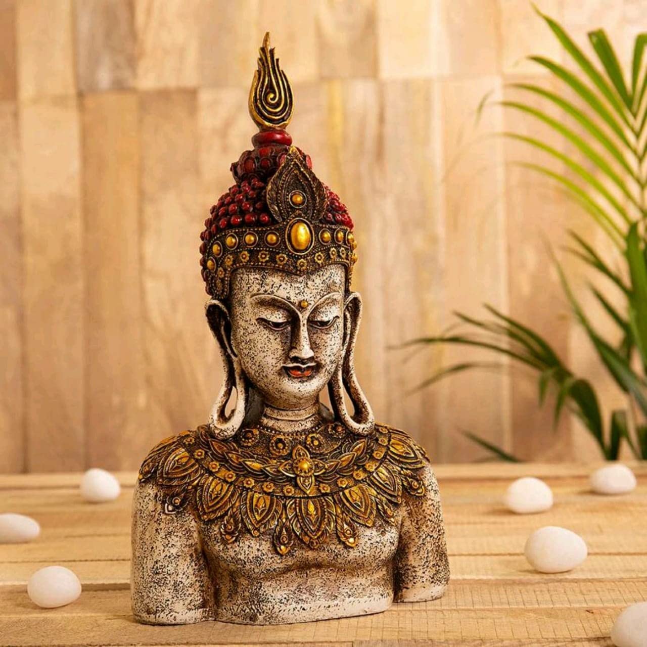 Indicast 12" Inch Handmade Buddha Carving Murti Table Desk Decor Meditating Idol Gifts Antique Design | Red