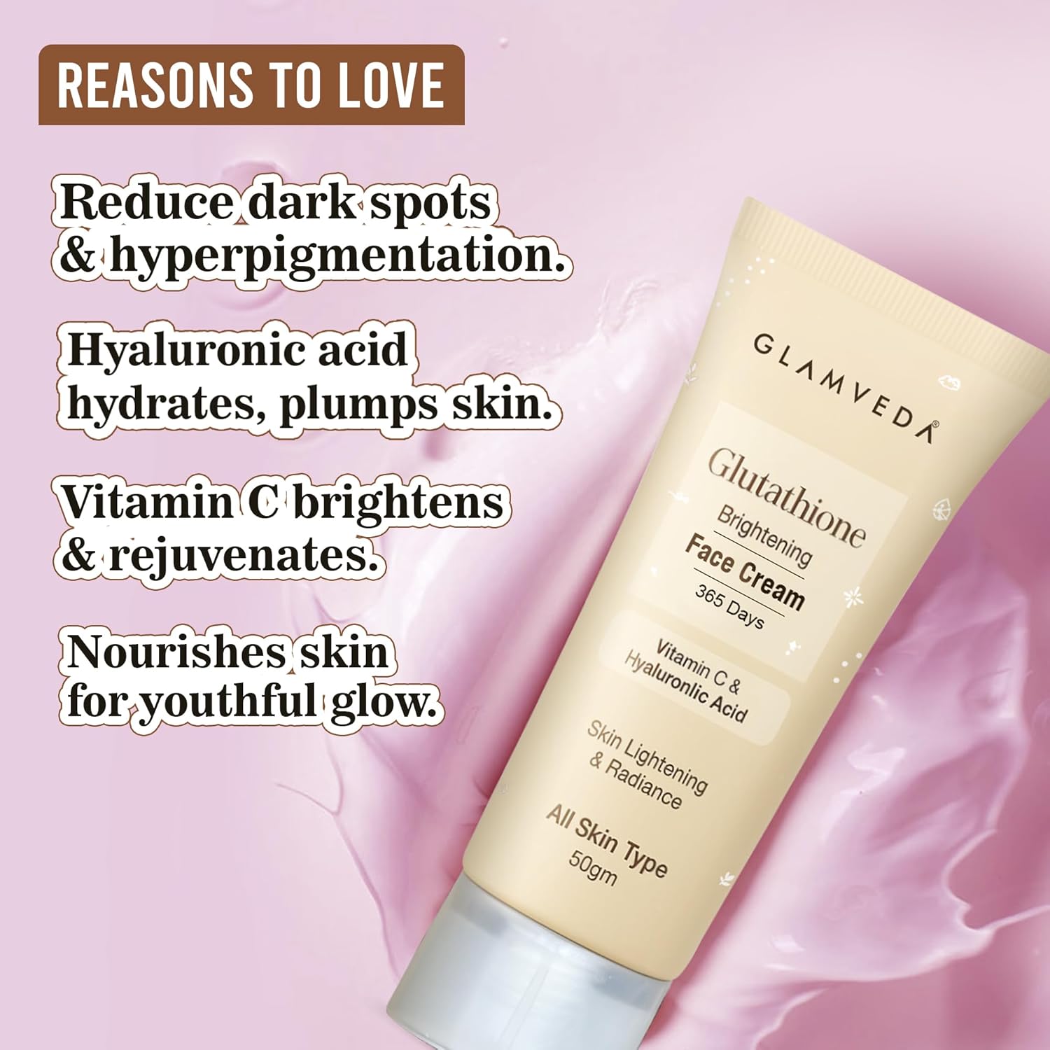 Glamveda Glutathione Face Cream For Skin Brightening | with Vitamin C & Hyaluronlic Acid For Clear & Glowing Skin | Reduce Dark Spots, Hyperpigmentation | Whitening Cream For All Skin Type 50 gm