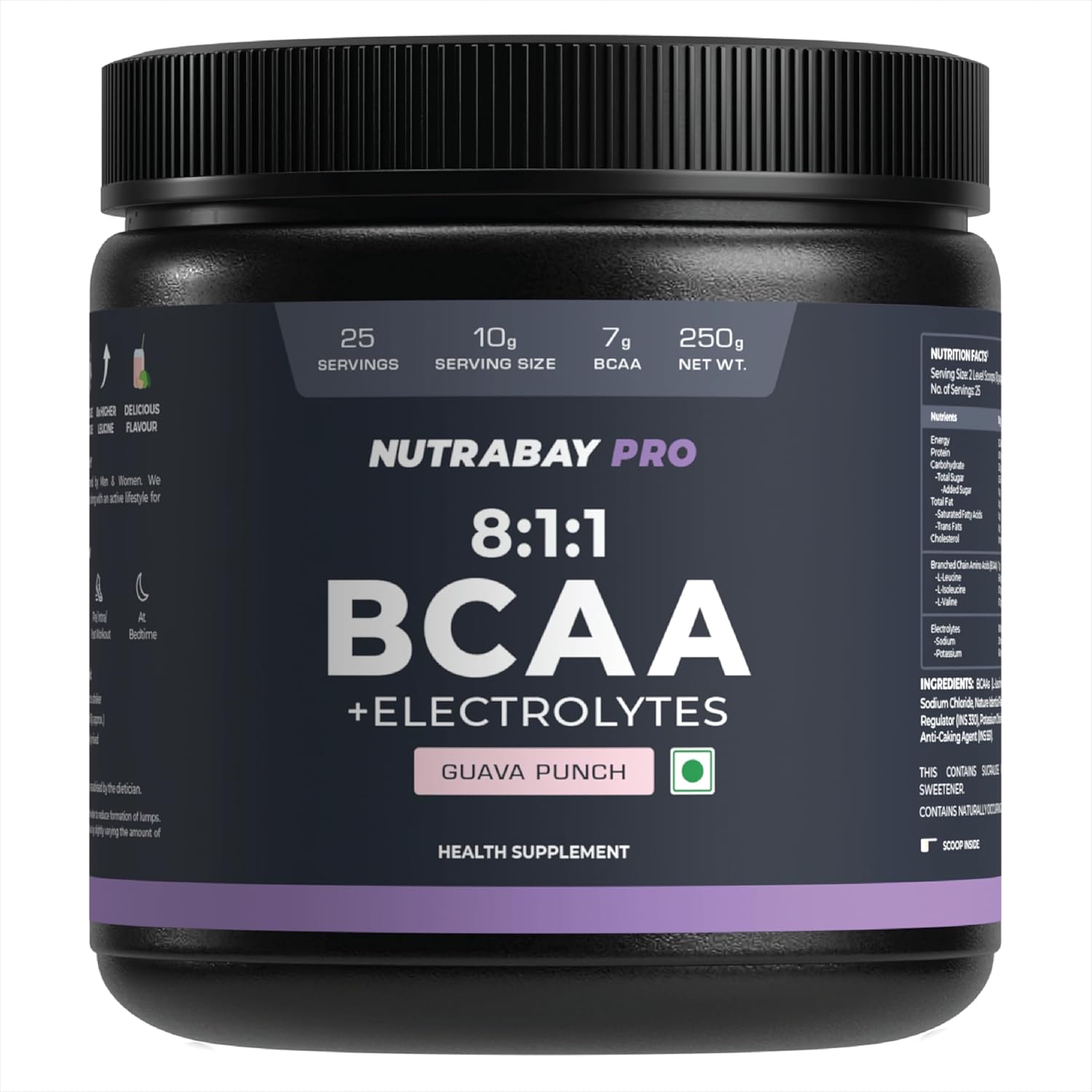 Nutrabay PRO BCAA 8:1:1 with Electrolytes 7000 mg Vegan BCAAs, 1000mg Electrolytes per Serving â€“ Intra/Post Workout Energy Drink â€“ Gluten & Dairy Free - 250g, Guava Punch