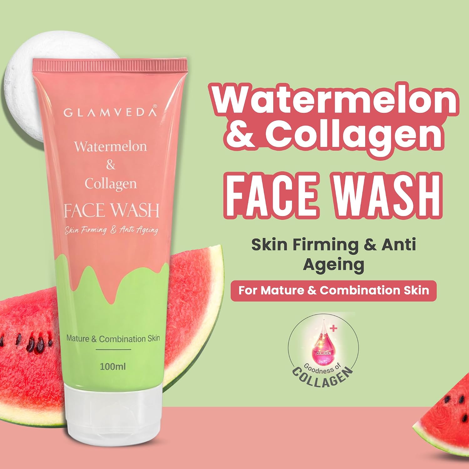 Glamveda Watermelon & Collagen Face Wash | Anti Ageing Face Wash For Glowing Skin, Reduces Fine Lines, Wrinkles & Skin Dullness, Removes Excess Oil & Dirt | All Skin Types |For Women & Men| 100ml