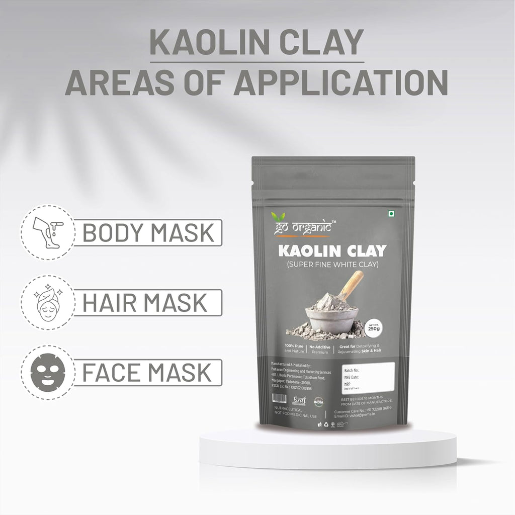 Go Organic White Kaolin Clay Powder for Skin Face Mask, 250g, Natural Ingredients, Gentle Exfoliation, Deep Cleansing,China clay | White Clay | Vegan and Organic | Paraben free | Reduces Acne, De Tan & Blackheads | Fack Pack | Hair Pack |