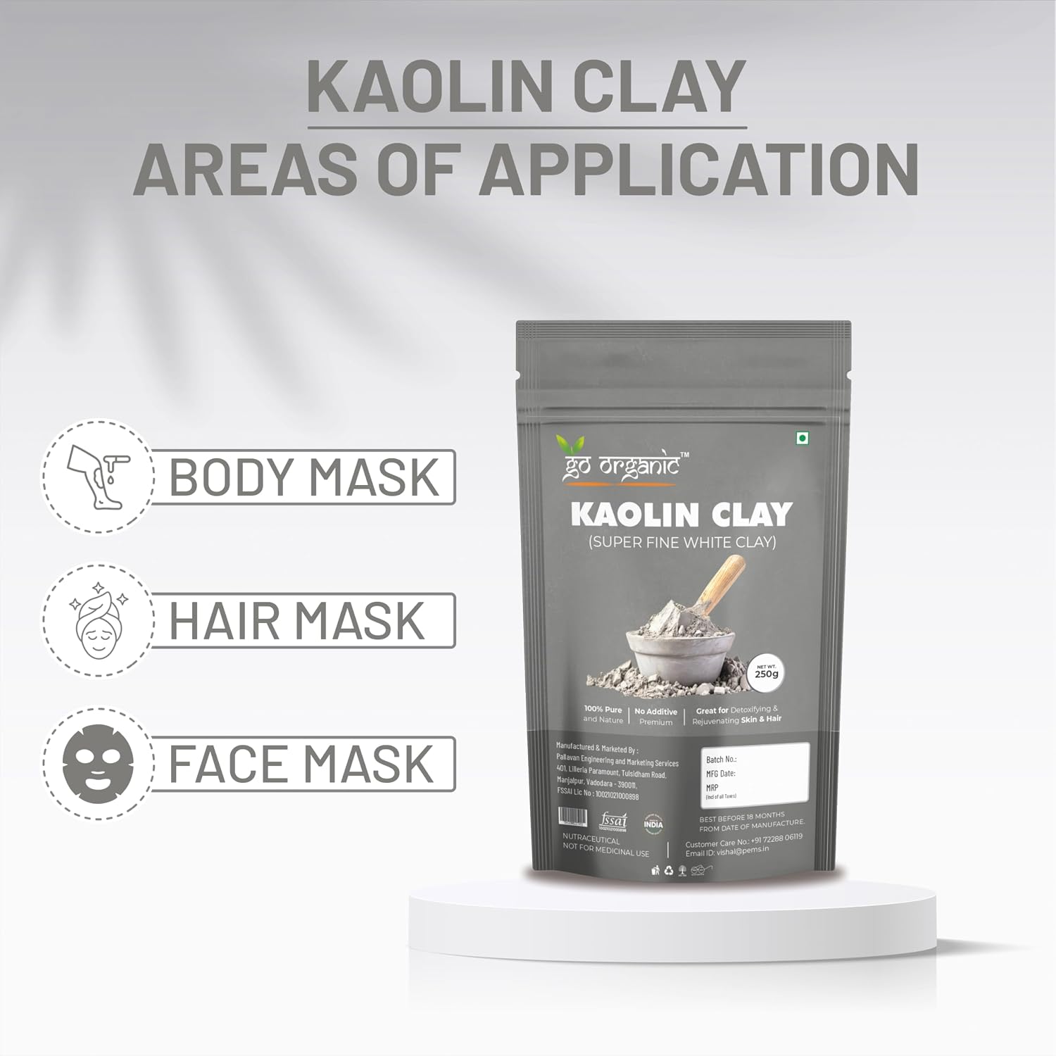 Go Organic White Kaolin Clay Powder for Skin Face Mask, 250g, Natural Ingredients, Gentle Exfoliation, Deep Cleansing,China clay | White Clay | Vegan and Organic | Paraben free | Reduces Acne, De Tan & Blackheads | Fack Pack | Hair Pack |