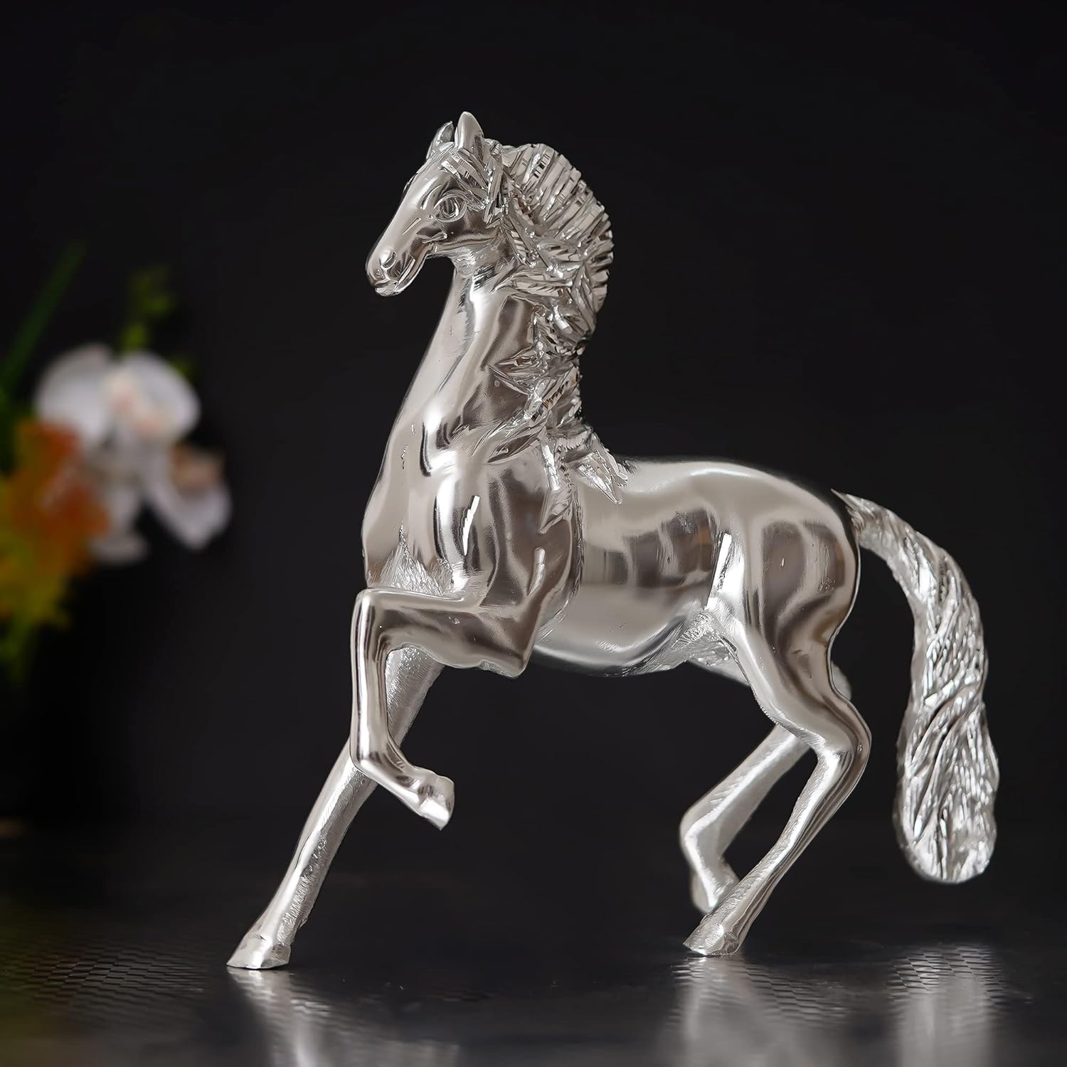 Ecraftindia White Metal Silver Running Horse Statue Animal Figurine Decorative Showpiece for Home and Office Decor
