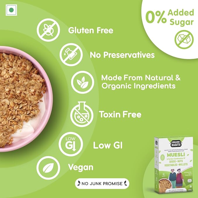 Organic Habits Muesli, Diabetic Friendly Breakfast Cereal With Fruit, Nuts, Seeds, Vegetables, Millets & Wholegrain - 400 Gms